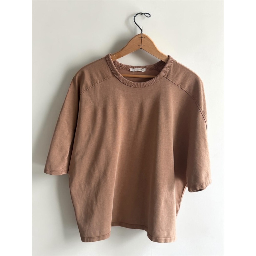 Zara Women Brown Short Sleeve Boxy Cotton T-Shirt Size S Relaxed Fit Crew Neck